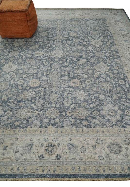 Custom Made Vintage Style Hand Knotted Traditional Blue and Beige Antique Wool Area Rug