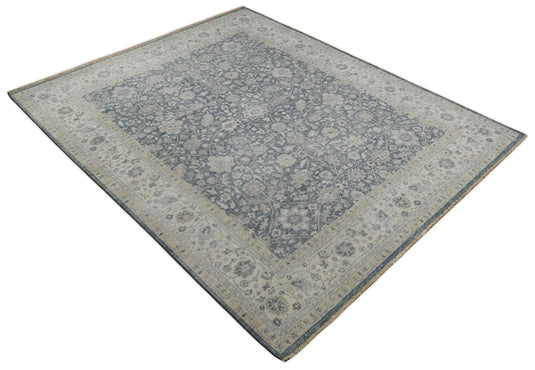 Custom Made Vintage Style Hand Knotted Traditional Blue and Beige Antique Wool Area Rug
