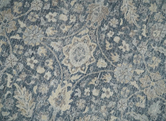 Custom Made Vintage Style Hand Knotted Traditional Blue and Beige Antique Wool Area Rug