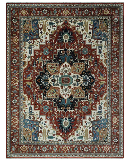 Brown and Ivory Hand knotted Premium look 8x10 and 9x12 Traditional Heriz wool Area Rug