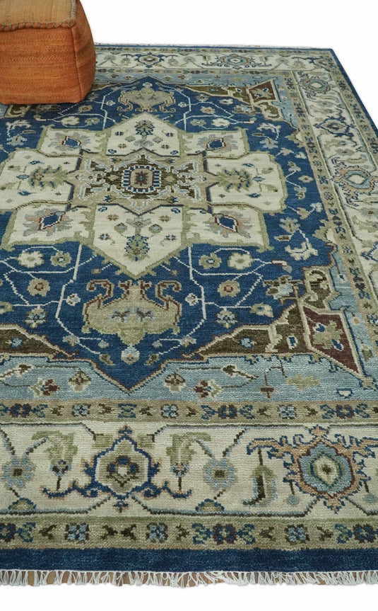 HandKnotted Heriz Serapi Rug Blue, Ivory and Brown Ideal for Living, Bedroom, and Dining Rooms 5x8, 6x9, 8x10, 9x12 and 10x14 Wool Rug | CP207