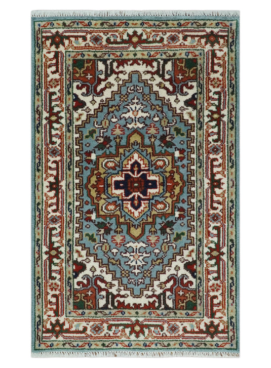 Hand Knotted Heriz Serapi Rug Aqua Blue, Ivory and Rust 5x8, 4x6, 3x5 ft Ideal for Living, Bedroom, and Dining Rooms | CP1880S