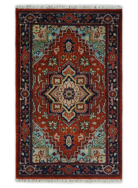 HandKnotted Heriz Serapi Rug Navy Blue, and Rust Ideal for Living, Bedroom, and Dining Room 5x8, 6x9, 8x10, 9x12 and 10x14 Wool Rug