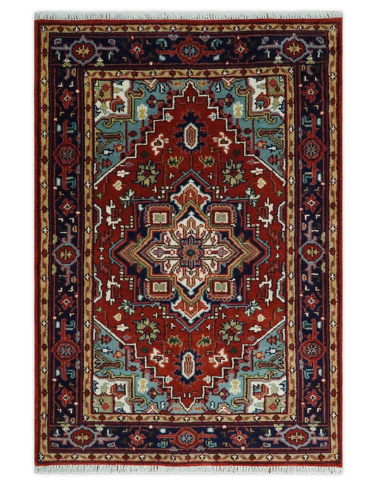 HandKnotted Heriz Serapi Rug Navy Blue, and Rust Ideal for Living, Bedroom, and Dining Room 5x8, 6x9, 8x10, 9x12 and 10x14 Wool Rug