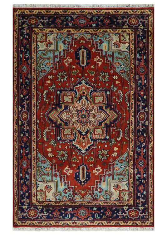 HandKnotted Heriz Serapi Rug Navy Blue, and Rust Ideal for Living, Bedroom, and Dining Room 5x8, 6x9, 8x10, 9x12 and 10x14 Wool Rug