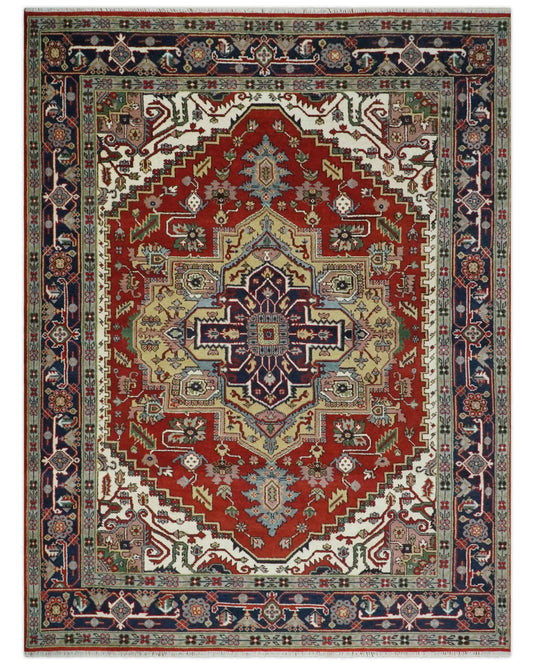 Hand Knotted Heriz Serapi Rug Rust and Blue Multi Size Ideal for Living, Bedroom, and Dining Rooms | CP1859