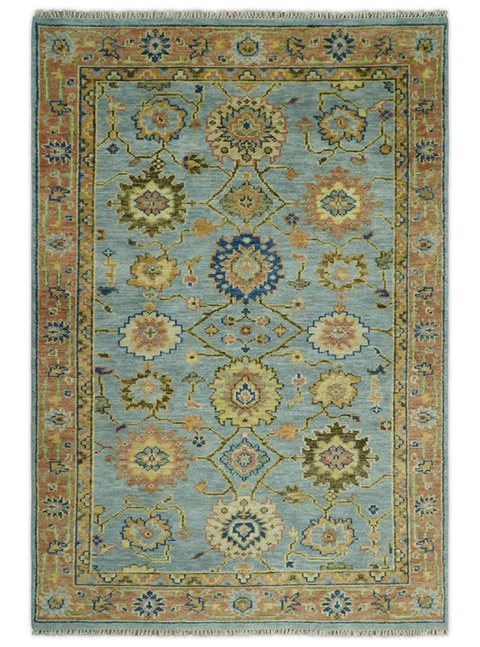 Hand Knotted Traditional Oushak Rug Blue and Rust 3X5,4x6, 5x8, 6x9, 8x10, 9x12,10x14 and 12x15 ft Ideal for Living, Bedroom, and Dining Rooms | CP131S