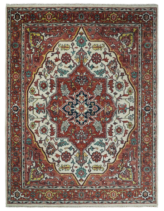 Large Hand Knotted Antique 9x12 Ivory and Rust Traditional Heriz Serapi Area Rug Ideal for Dining Room and Living Room | CP95912