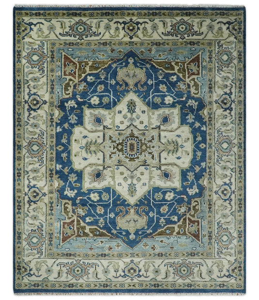 HandKnotted Heriz Serapi Rug Blue, Ivory and Brown Ideal for Living, Bedroom, and Dining Rooms 5x8, 6x9, 8x10, 9x12 and 10x14 Wool Rug | CP207