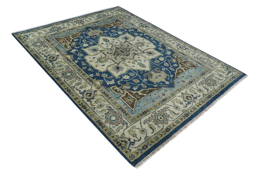 HandKnotted Heriz Serapi Rug Blue, Ivory and Brown Ideal for Living, Bedroom, and Dining Rooms 5x8, 6x9, 8x10, 9x12 and 10x14 Wool Rug | CP207