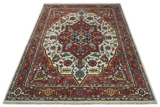 Large Hand Knotted Antique 9x12 Ivory and Rust Traditional Heriz Serapi Area Rug Ideal for Dining Room and Living Room | CP95912