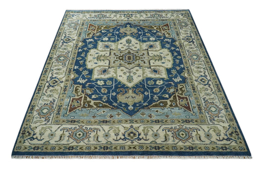 HandKnotted Heriz Serapi Rug Blue, Ivory and Brown Ideal for Living, Bedroom, and Dining Rooms 5x8, 6x9, 8x10, 9x12 and 10x14 Wool Rug | CP207
