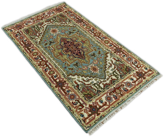 4x6 Persian Heriz Serapi Blue and Ivory Traditional Vintage Hand knotted Wool Rug | Kitchen Entryway, Hallway, Living Room Rug | CP446