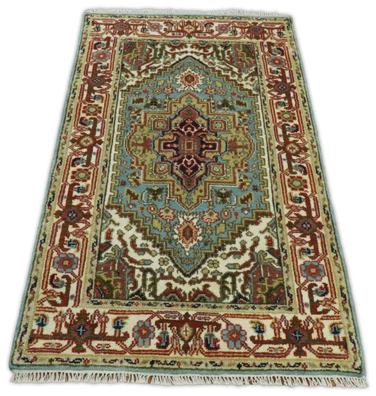 4x6 Persian Heriz Serapi Blue and Ivory Traditional Vintage Hand knotted Wool Rug | Kitchen Entryway, Hallway, Living Room Rug | CP446