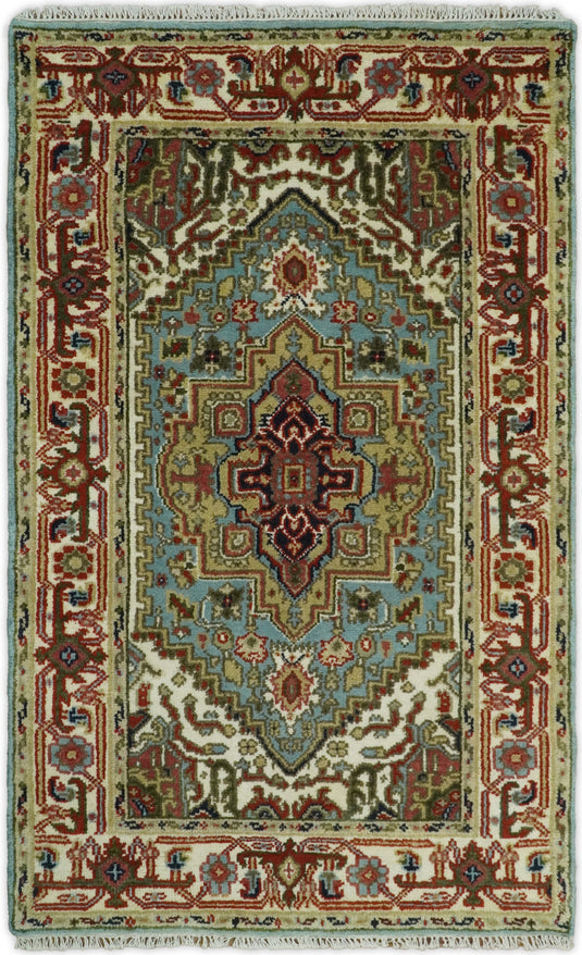 4x6 Persian Heriz Serapi Blue and Ivory Traditional Vintage Hand knotted Wool Rug | Kitchen Entryway, Hallway, Living Room Rug | CP446