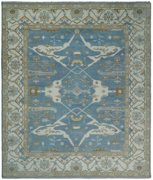 Hand Knotted 8x10 Oriental Oushak Blue and Ivory Wool Area Rug | TRDCP56810