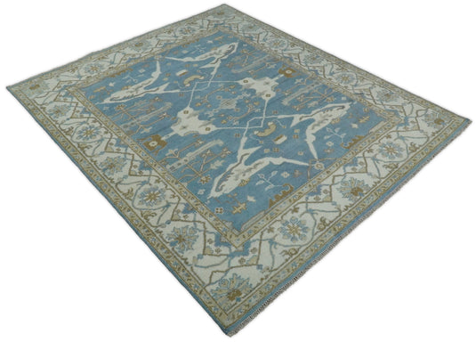 Hand Knotted 8x10 Oriental Oushak Blue and Ivory Wool Area Rug | TRDCP56810