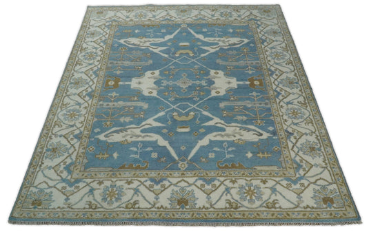 Hand Knotted 8x10 Oriental Oushak Blue and Ivory Wool Area Rug | TRDCP56810