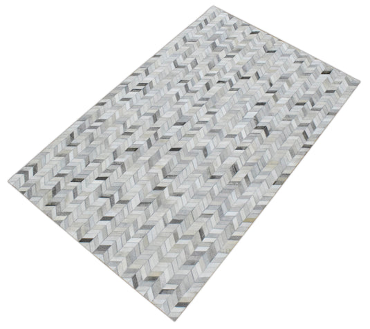 Ivory and Silver 5x8 and 8x10 Leather Rug, Chevron Design Handmade Area Rug, Hand Stitched Genuine Leather Rug