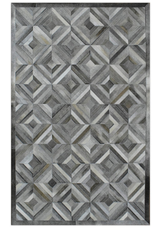 5x8 and 8x10 Hairon Genuine Leather Diamond Design Handmade Ivory, Brown and Gray Area Rug