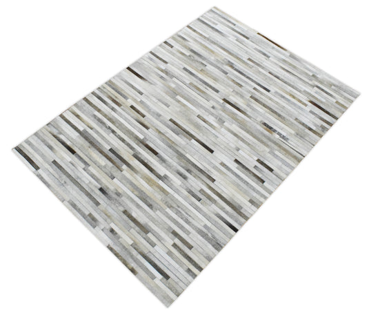 5x8 Ivory and Beige Leather Rug, Stripe Design Handmade Area Rug, Hand Stitched Genuine Leather Rug