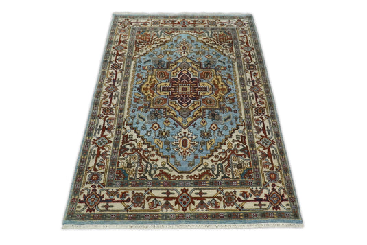 6x9 Blue and Beige Handmade Traditional Vintage Heriz Serapi Rug | CP3269