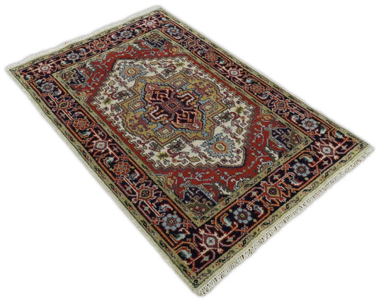 4x6 and 5x8 Persian Heriz Serapi Red and Navy Traditional Vintage Hand knotted Wool Rug | Kitchen Entryway, Hallway, Living Room Rug