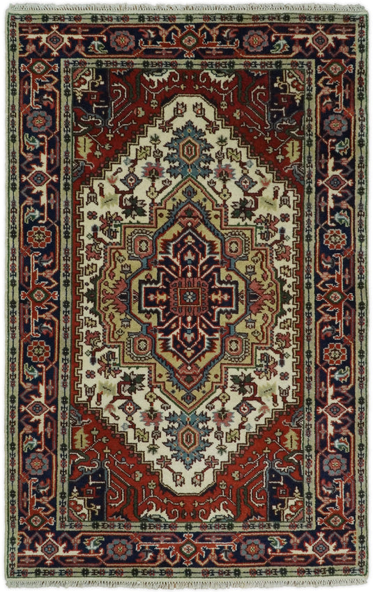 4x6 and 5x8 Persian Heriz Serapi Red and Navy Traditional Vintage Hand knotted Wool Rug | Kitchen Entryway, Hallway, Living Room Rug