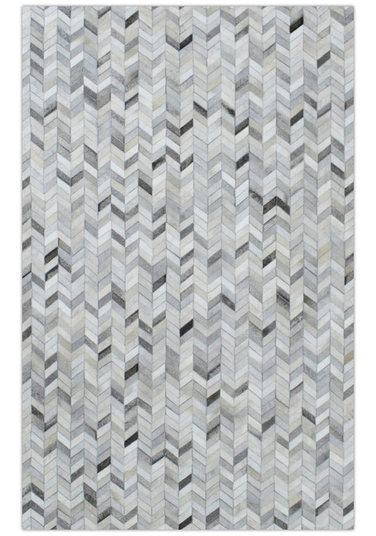 Ivory and Silver 5x8 and 8x10 Leather Rug, Chevron Design Handmade Area Rug, Hand Stitched Genuine Leather Rug