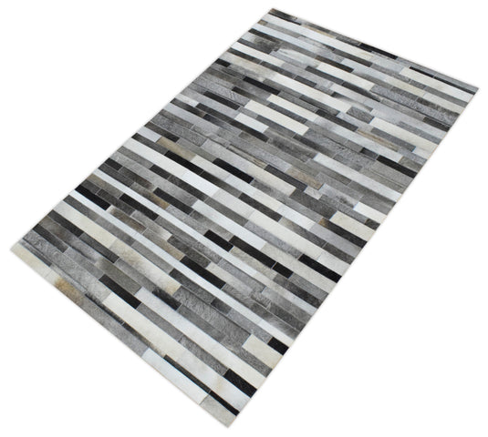 5x8 Ivory, Gray and Silver Leather Rug Stripe Design Handmade Area Rug, Hand Stitched Genuine Leather Rug