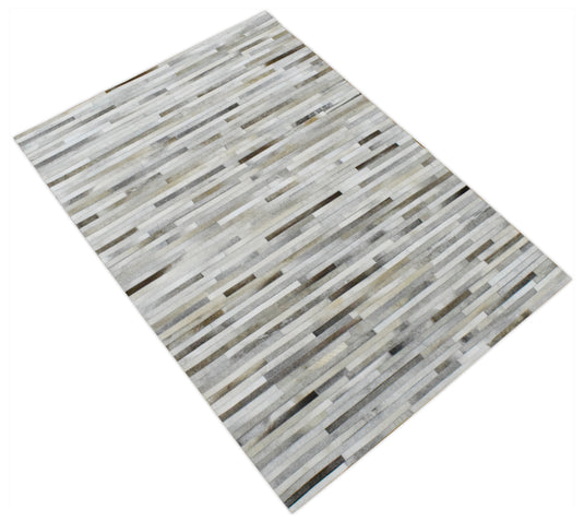 5x8 Ivory and Beige Leather Rug, Stripe Design Handmade Area Rug, Hand Stitched Genuine Leather Rug