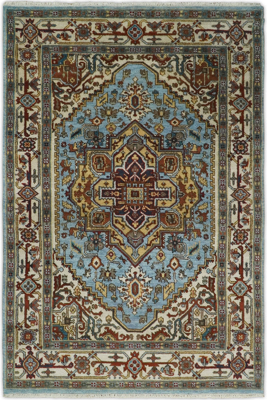 6x9 Blue and Beige Handmade Traditional Vintage Heriz Serapi Rug | CP3269