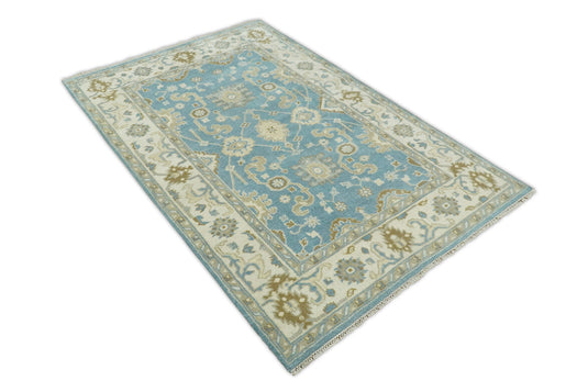 6x9 Vintage Oriental Oushak Blue and Beige Hand Knotted  Wool Area Rug | CP1669
