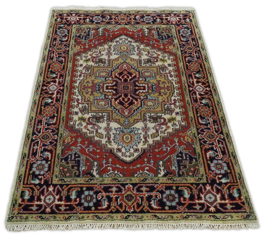 4x6 and 5x8 Persian Heriz Serapi Red and Navy Traditional Vintage Hand knotted Wool Rug | Kitchen Entryway, Hallway, Living Room Rug