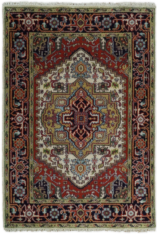 4x6 and 5x8 Persian Heriz Serapi Red and Navy Traditional Vintage Hand knotted Wool Rug | Kitchen Entryway, Hallway, Living Room Rug