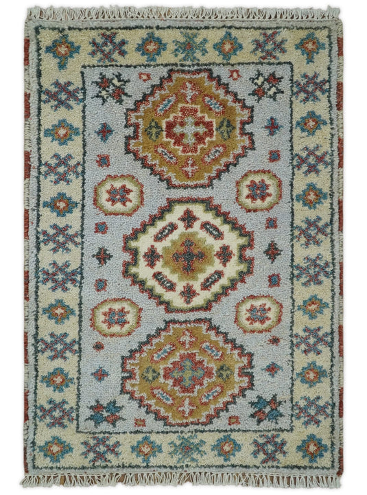 Grey and Camel Wool Hand Knotted 2x3 traditional Persian Vintage Antique Southwestern Kazak, Hallway, Bedside Rug