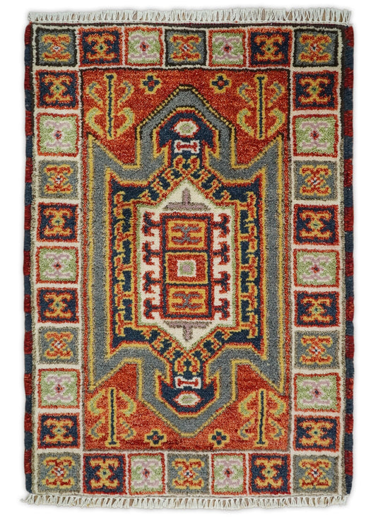 Rust and Ivory Wool Hand Knotted 2x3 traditional Persian Vintage Antique Southwestern Kazak, Hallway, Bedside Rug