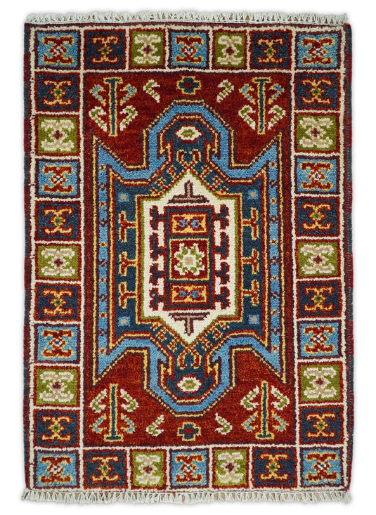 Red and Blue Wool Hand Knotted 2x3 traditional Persian Vintage Antique Southwestern Kazak, Hallway, Bedside Rug