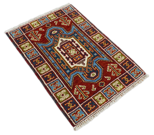 Red and Blue Wool Hand Knotted 2x3 traditional Persian Vintage Antique Southwestern Kazak, Hallway, Bedside Rug