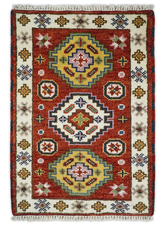 Red and Ivory Wool Hand Knotted 2x3 traditional Persian Vintage Antique Southwestern Kazak, Hallway, Bedside Rug |CP18323