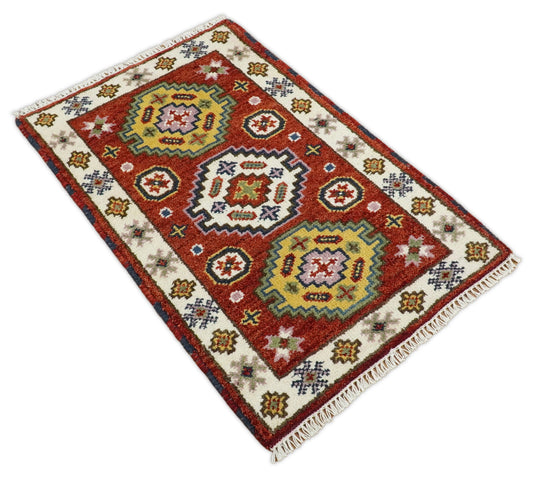 Red and Ivory Wool Hand Knotted 2x3 traditional Persian Vintage Antique Southwestern Kazak, Hallway, Bedside Rug |CP18323