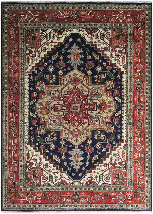 HandKnotted Heriz Serapi Rug Navy Blue and Red 8x10 ft and 10x14 ft Ideal for Living, Bedroom, and Dining Rooms | CP75