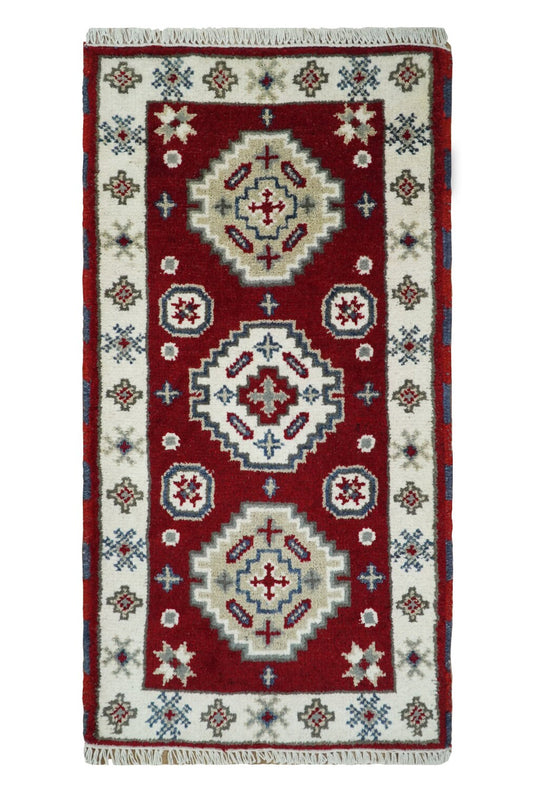 Red and Ivory Wool Hand Knotted Entryway 2x4 traditional Persian Vintage Antique Southwestern Kazak, Hallway, Bedside Rug