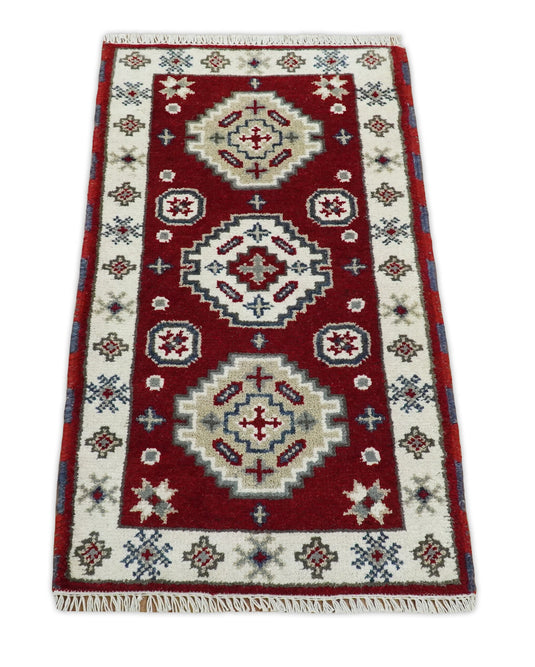 Red and Ivory Wool Hand Knotted Entryway 2x4 traditional Persian Vintage Antique Southwestern Kazak, Hallway, Bedside Rug