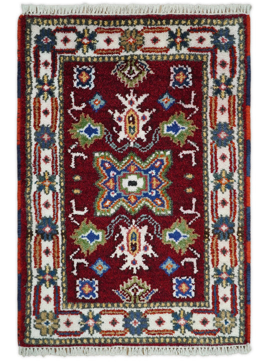 Red and Ivory Wool Hand Knotted 2x3 traditional Persian Vintage Antique Southwestern Kazak, Hallway, Bedside Rug