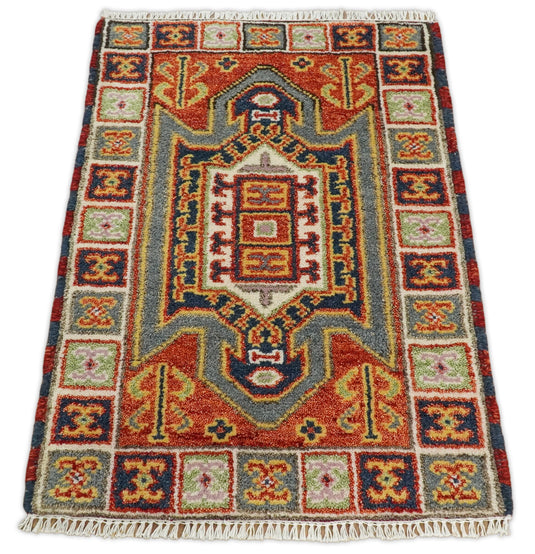 Rust and Ivory Wool Hand Knotted 2x3 traditional Persian Vintage Antique Southwestern Kazak, Hallway, Bedside Rug