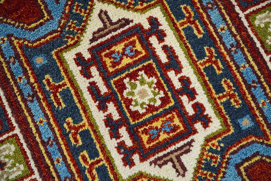 Red and Blue Wool Hand Knotted 2x3 traditional Persian Vintage Antique Southwestern Kazak, Hallway, Bedside Rug