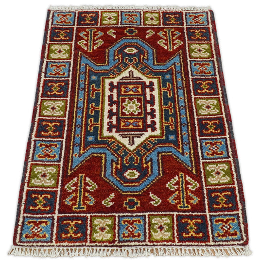 Red and Blue Wool Hand Knotted 2x3 traditional Persian Vintage Antique Southwestern Kazak, Hallway, Bedside Rug