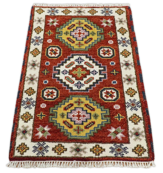 Red and Ivory Wool Hand Knotted 2x3 traditional Persian Vintage Antique Southwestern Kazak, Hallway, Bedside Rug |CP18323