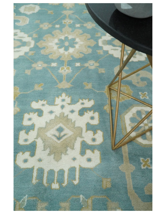 Traditional Blue and Beige Hand knotted 10x14  Vintage Oriental Oushak Area Rug, Living Room, Dinning and Kitchen Rug | CP73B1014